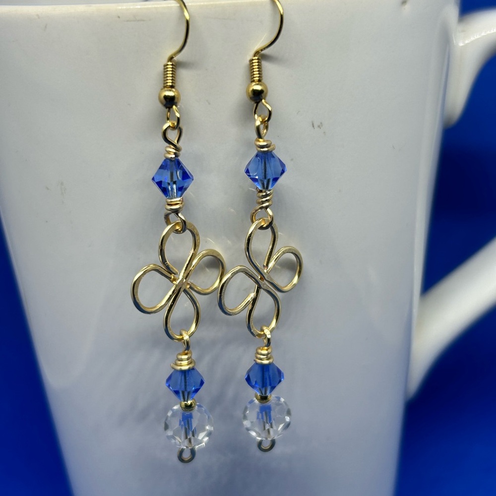 Czech bead Earrings handmade blue sapphire beaded wire wrap earring